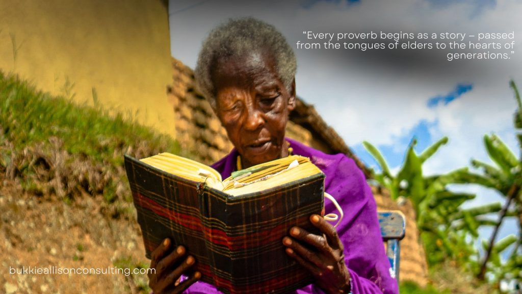 African elders sharing traditional proverbs around a fire, symbolizing Africa’s oral wisdom and cultural heritage.
