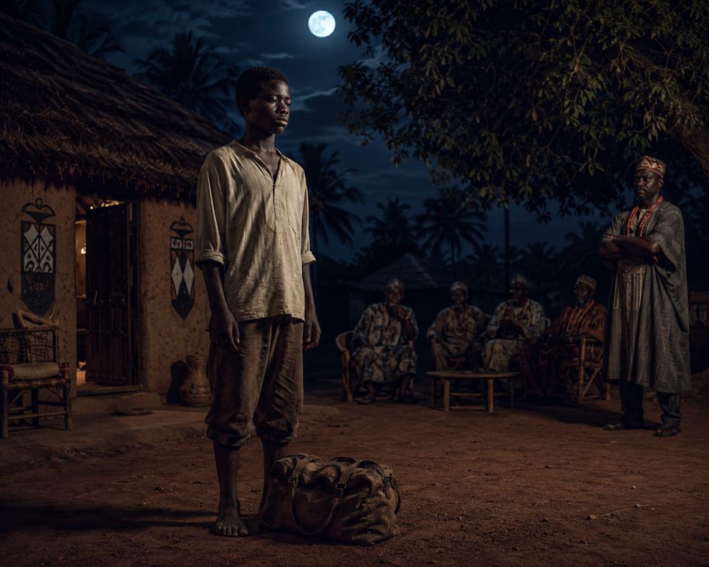 A young African boy standing alone at night, determined to follow his dreams despite cultural pressure - Ambitious by Ofonmbuk James