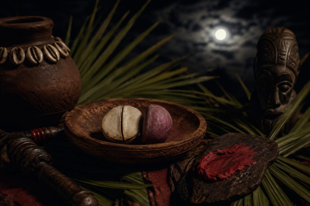 A clay plate holding kola nut, red camwood ad palm fronds bathed in soft moonlight; traditional Igbo ritual objects arranged with quiet reverence.