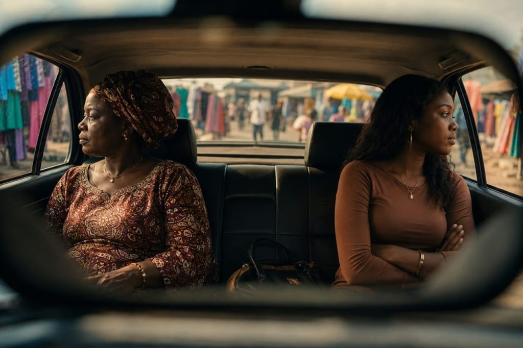 Two women sit apart in the back seat of a taxi, viewed through the rear-view mirror, with a fabric market blurred in the distance.